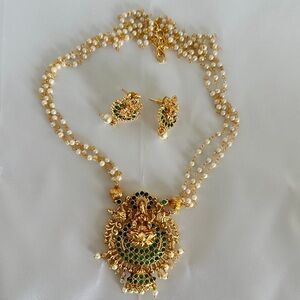 Gold-Tone Green Pendant Necklace with Pearl Chains - Indian Jewelry